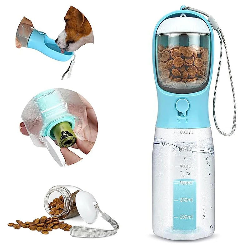 3 in 1 Travel Portable Dog Feeder Pet Water Dispenser Drinking Bottle Food Container with Poop Bag for Puppy Outdoor Walking